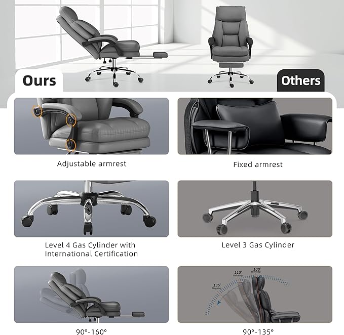 Home Office Desk Chair, 90°-160° Reclining, High Back Executive OfficeChair 400LBS with Footrest, Ergonomic Scratch-Resistant Faux Leather Computer Gaming Chair with Lumbar Support