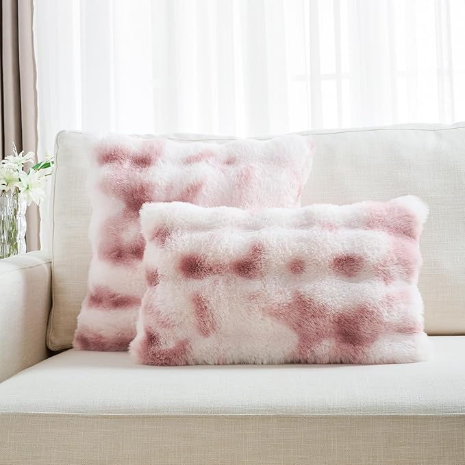 FUTEI Pink White Decorative Throw Pillow Covers 12x20 Inch Set of 2,Soft Fuzzy Faux Rabbit Fur Pillow Case with Raised Texture,Neutral Boho Home Decor for Couch Bed Living Room