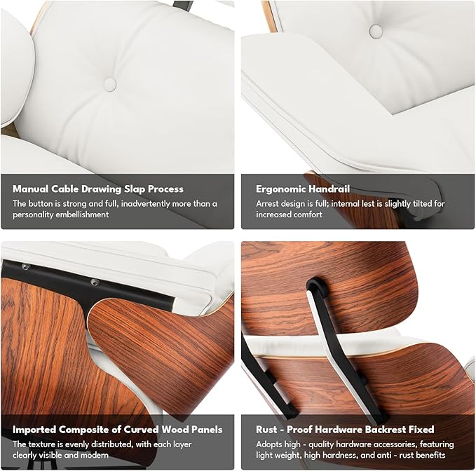 Top Grain Leather, Mid Century Chaise Lounge Chair and Ottoman, Modern Chair Classic Design, Heavy Duty Base Support for Living Room Study Lounge Office, Palisander-White, Heightening