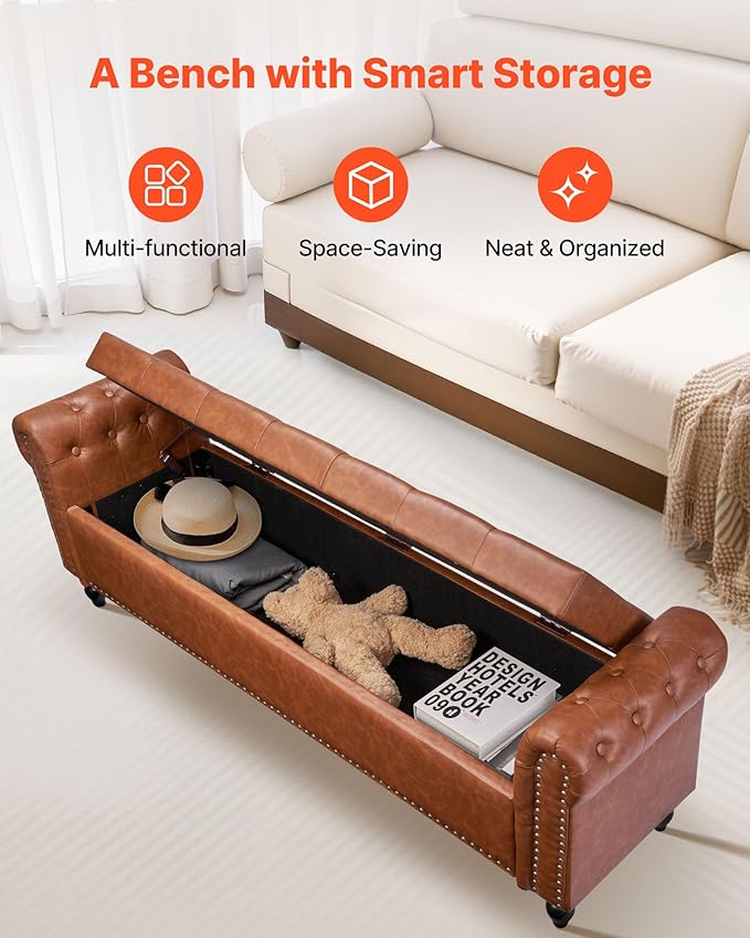 VEVOR Button-Tufted Storage Ottoman Bench, Rolled Arm PU Leather Bench with Solid Wood Legs, Modern Shoe Benches Seat for Entryway, Upholstered End of Bed Benches for Living Room, Dining Room, Brown
