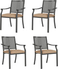 PHI VILLA Outdoor Metal Dining Chairs Set of 4, Black Wrought Iron Stackable Chairs with Cushions, Heavy-Duty Seating Furniture for Patio, Deck, Yard, Porch