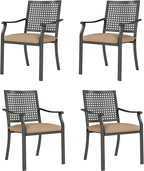 PHI VILLA Outdoor Metal Dining Chairs Set of 4, Black Wrought Iron Stackable Chairs with Cushions, Heavy-Duty Seating Furniture for Patio, Deck, Yard, Porch