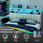 VINGLI King Size Headboard Only, Adjustable Upholstered Headboard with 3 Tier Shelves and Pegboard with Charging Stations and LED Lights, Modern Bed Headboard with Storage for Bedroom Decor