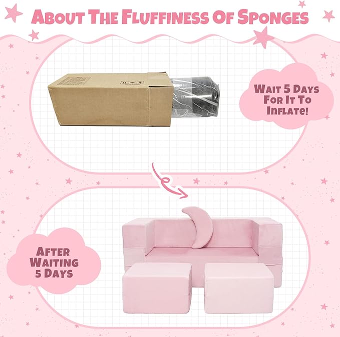 5 Pcs Modular Kids Play Couch, Toddler Couches That Fold Out, Plush Foam Chair for Children’s Playroom, Velvet Fabric Convertible Foam and Floor Cushion for Boys and Girls (Pink,02)