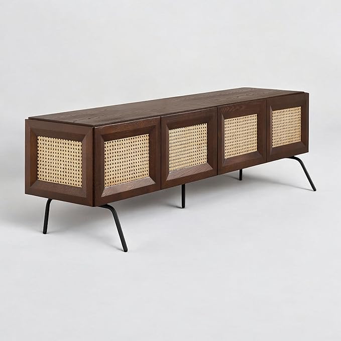 NTC Mossic TV Media Cabinet with 4 Doors for TVs, Entertainment Center with Natural Rattan, Metal Legs, Modern Storage Console for Living Room and Bedroom, Effortless Assembly, Dark Walnut