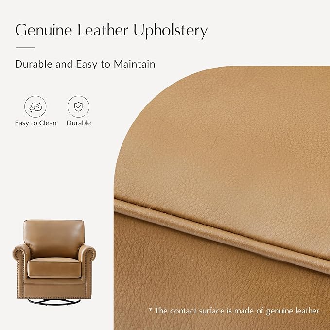 HULALA HOME Swivel Accent Chair Genuine Leather Barrel Rocker Chair with Metal Base Transitional Armchair Padded Round Armrest, Camel