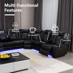 Power Reclining Sectional Sofa, Black Leather Couch with Recliners, Air Leather Sofa Couch with LED Lights/USB Port/Cup Holder for Living Room/Apartment/Office