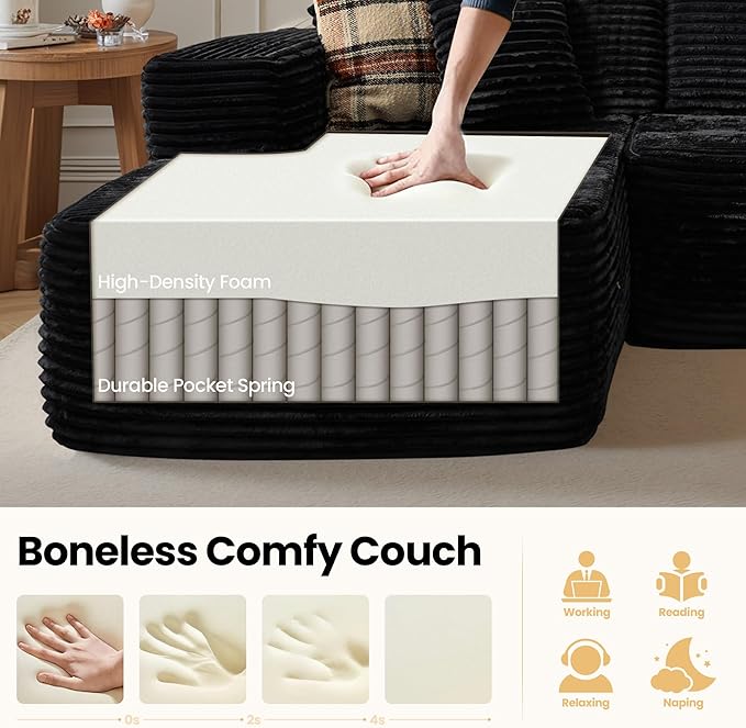 104" Cloud Sectional Couch with Chaise, Boneless L-Shaped Cloud Couch with Deep Seat, Soft Plush Modern Minimalist Sofa, Assembly Free Comfy Sofa for Office Living Room Apartment(Black, Left Chaise)