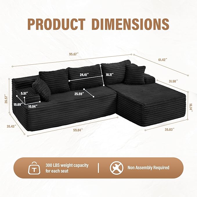 Hobestluk Modular Sectional Couch Sofa,96" Boneless Couches for Living Room, Memory Foam Sectional Couch with Oversized Chaise,L-Shape Couches (Black, Right Facing)