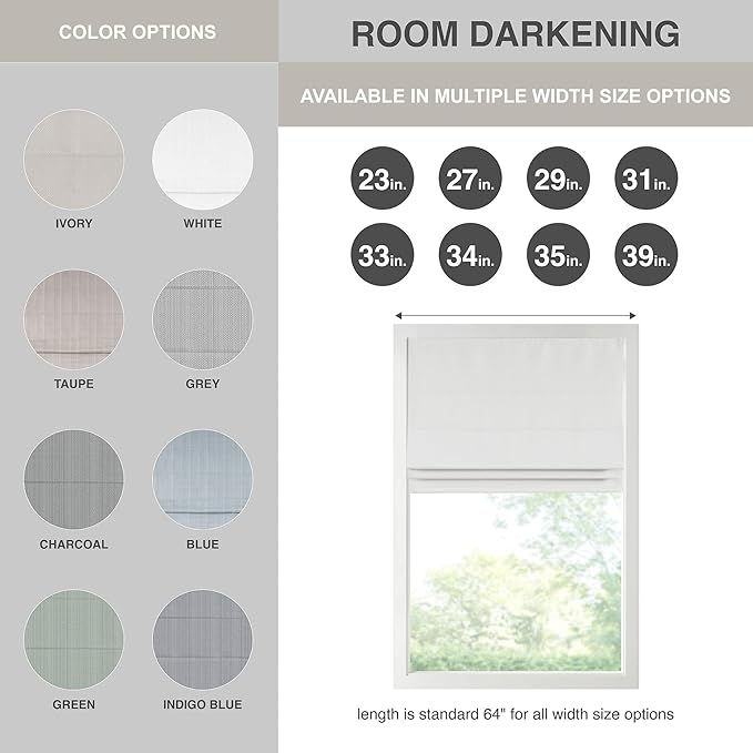 Madison Park Galen Cordless Roman Shade, 29"W x 64"H, Sheen White – Room Darkening, Thermal Insulated, Energy Efficient Window Blind with Subtle Sheen Basketweave Fabric for Privacy