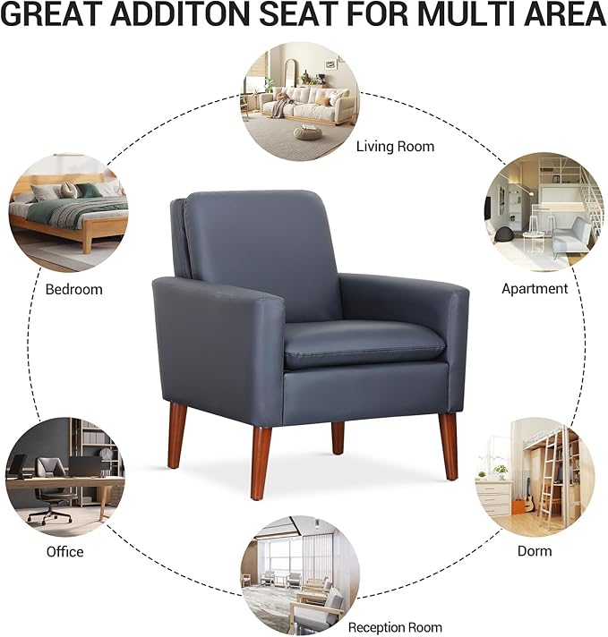 Lohoms Faux Leather Accent Chair for Living Room, Mid-Century Modern Comfy Reading Leisure Chairs for Bedroom, Upholstered Armchair for Apartment/Office/Waiting Room, Wood Legs, Dark Blue