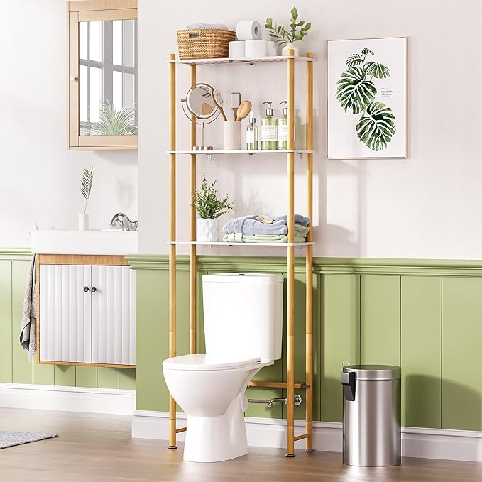 AmazerBath Bamboo Over The Toilet Storage Shelf, Bathroom Storage Organizer Rack, 3-Tier Bathroom Shelves Space Saver, White and Natural Color