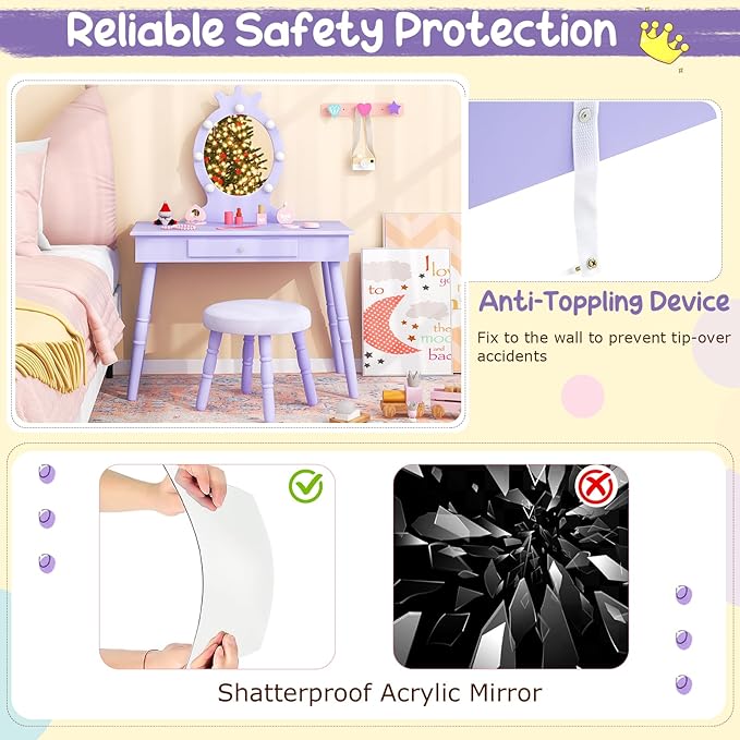 Costzon Kids Vanity, Girls Vanity Set with Mirror and Stool and Lights, Drawer, 2 in 1 Wooden Makeup Vanity Desk Dressing Table, Kids Vanity Table and Chair Set (Violet)