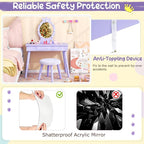 Costzon Kids Vanity, Girls Vanity Set with Mirror and Stool and Lights, Drawer, 2 in 1 Wooden Makeup Vanity Desk Dressing Table, Kids Vanity Table and Chair Set (Violet)