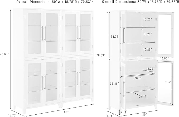 Crosley Furniture Roarke 2-Piece Glass Door Kitchen Pantry Storage Cabinet Set, Living Room, Entryway, White