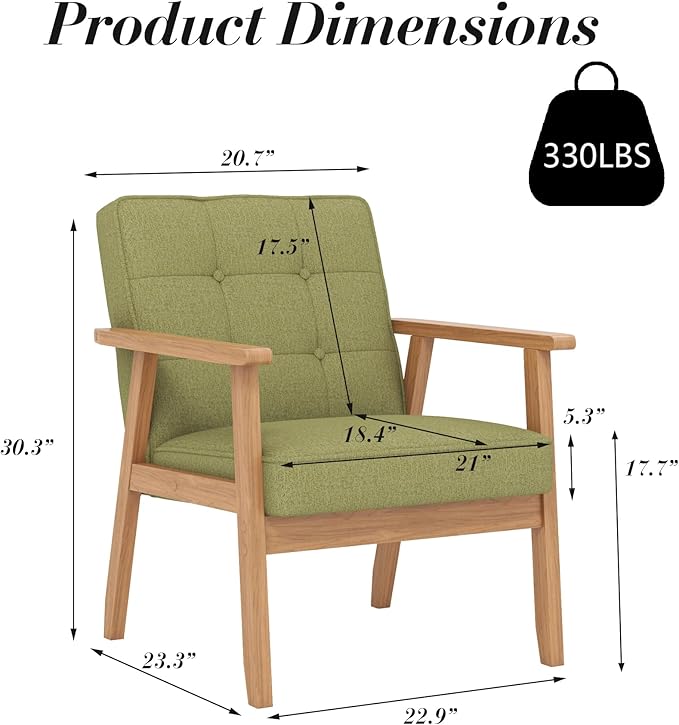 KCC Mid-Century Modern Linen Fabric Accent Chair Set of 2, Upholstered Tufted Leisure Chair Comfy Reading Side Chair with Armrest and Solid Wood Frame for Living Room Bedroom Balcony(Green)
