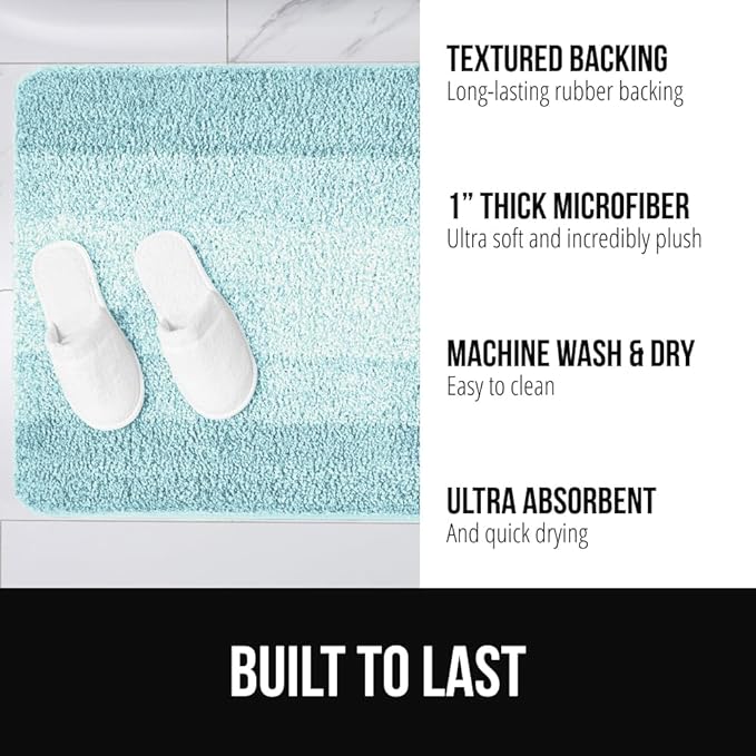 GORILLA GRIP Ultra Soft Plush Bathroom Rugs with Textured Rubber Backing, 34 x 24 Absorbent Quick Dry Bath Mat, Machine Washable Shower Mats, Home Décor Accessories Bathmat Rug Essentials, Light Blue