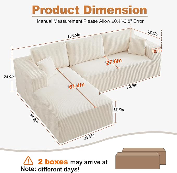 106" Cloud Modular Sectional Sofa Couch with L-Shape Chaise,Modern Boneless Sectional Couch with Deep Seat,Upholstered Couches for Living Room Bedroom,No Assembly Required,Beige