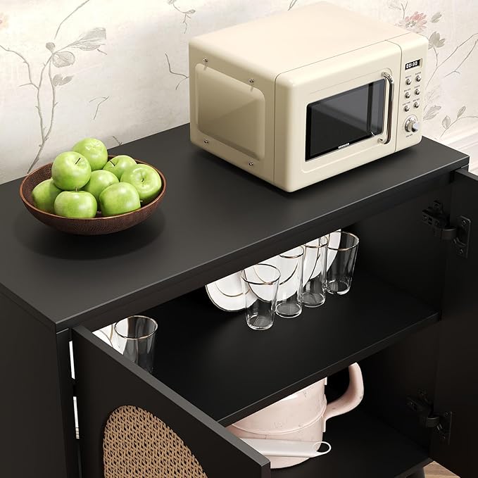 Rattan Storage Cabinet, 2-Door Buffet Cabinet with Storage in Black, Adjustable Shelf, Elegant Rattan Door Sideboards for Stylish Home Organization 31.5" Black Set 2