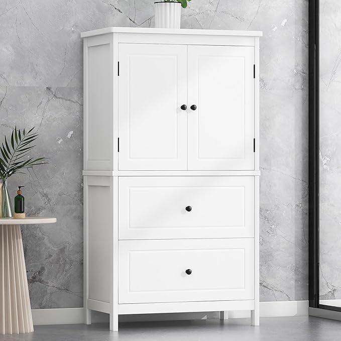 Tall Storage Cabinet, Bathroom Floor Freestanding Storage Cabinet with 2 Doors and 2 Drawers for Bathroom, Office, Living Room, White