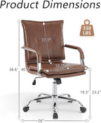 Mid-Back Ergonomic Leather Office Chair, Modern Upholstered Executive Desk Chair with Gold Frame Armrest Computer Task Chair (Brown &Silver Legs)