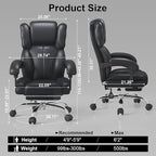 Big and Tall Office Chair, Executive Home Office Desk Chair, Leather Computer Chair with Retractable Footrest, Adjustable Headrest and Reclining Height, Padded Arms, 360°Swivel Free, Wide Seat, Black