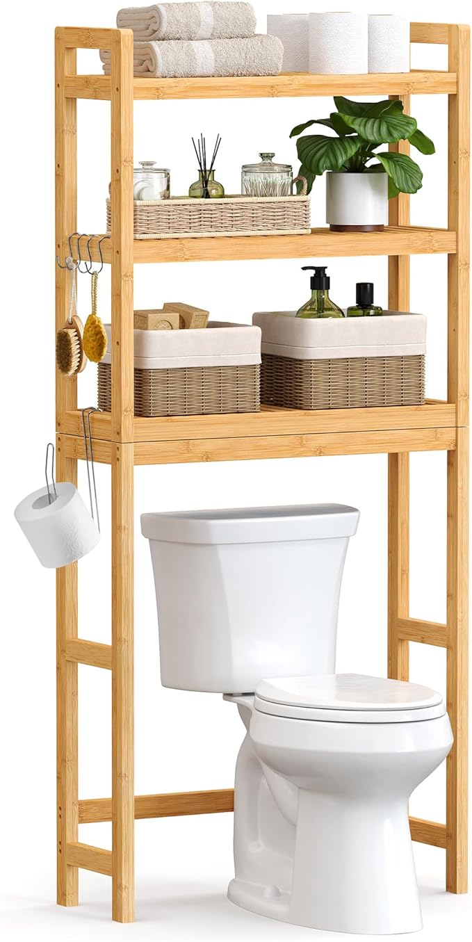 SONGMICS Over The Toilet Storage, 3-Tier Over Toilet Bathroom Organizer with Adjustable Shelf, 10.2 x 24.8 x 66.9 Inches, Space-Saving, Natural Beige UBTS001N01