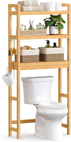 SONGMICS Over The Toilet Storage, 3-Tier Over Toilet Bathroom Organizer with Adjustable Shelf, 10.2 x 24.8 x 66.9 Inches, Space-Saving, Natural Beige UBTS001N01