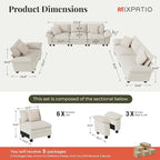 U-Shaped Cloud Modular Sofa Set, Deep Seat 3-Piece 6-Seater Sectional Couch & Removable Arms, Plush Chenille for Living Room - Beige