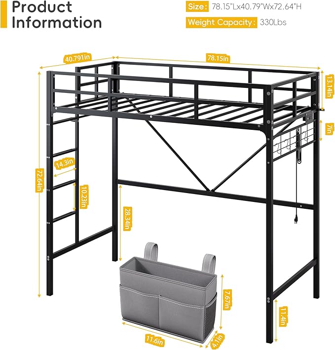 Loft Bed Twin,Loft Bed with Built-in Power Outlet LED Lights,Clothing Hanger,Storage Pouch,Heavy Duty Metal Safety Guard Rail for Kids Teens Adults,No Box Spring Needed,Black