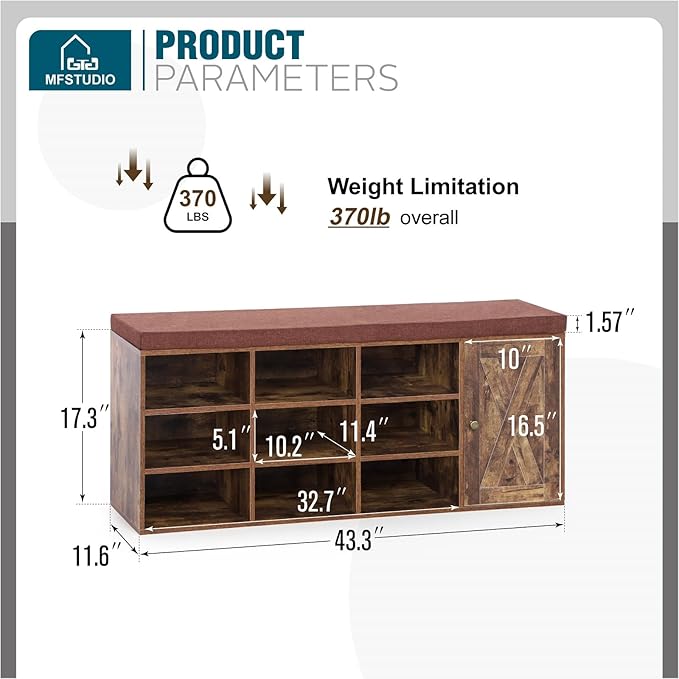 MFSTUDIO Shoe Storage Bench, Shoe Rack Bench with Barn Door Cabinet, 9 Open Compartments, Seating Cushion, Freestanding Shoe Rack Organizer for Entryway Hallway Bedroom, Rustic Brown, Large Size