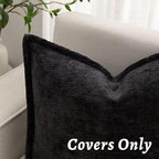 Black Decorative Throw Pillow Covers 20x20 Inch Set of 2 Cozy Soild Chenille Cushion Cases Soft Textured Square Couch Pillows Cover Boho Accent Farmhouse Pillowcases for Sofa Bed