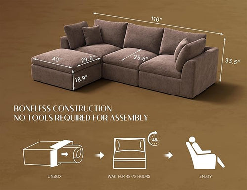 110" Cloud Sectional Couches for Living Room, Boneless L-Shape Couch with Ottoman, 3 Seater Modular Sectional Sofa, Brown