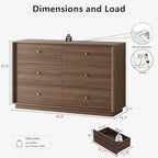 Mid Century Modern Dresser, 6 Drawer Dresser with Storage, 47" Wide Chest of Drawers with Wood Grain Texture, Drawers Organizer for Bedroom, Living Room, Hallway, Walnut