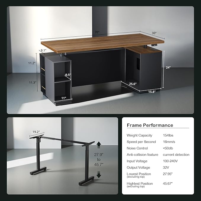 71" Standing Desk with 2 File Cabinet, AC/USB, 1.18" Desktop, L Shaped Height Adjustable Desk, Electric Furniture Set with Multiple Functions for Home and Office, Black Walnut