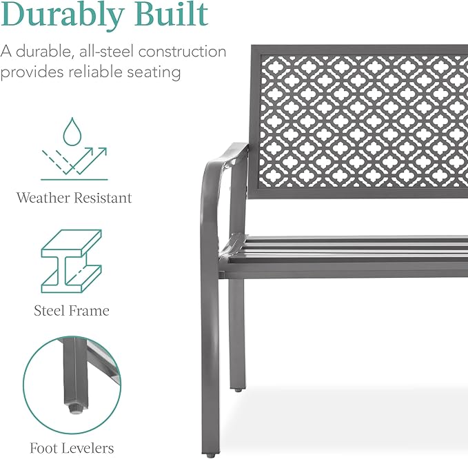 Best Choice Products Outdoor Bench 2-Person Metal Steel Benches Furniture for Garden, Patio, Porch, Entryway w/Geometric Backrest, 790lb Capacity – Gray