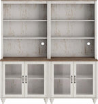 WAMPAT 5 Tier Bookshelf, Bookcase with Glass Doors,Large Farmhouse Display Book Shelf with Adjustable Shelves and Storage Cabinet，Library Wood Bookshelves for Living Room,Kitchen, Rustic White (2PCS)
