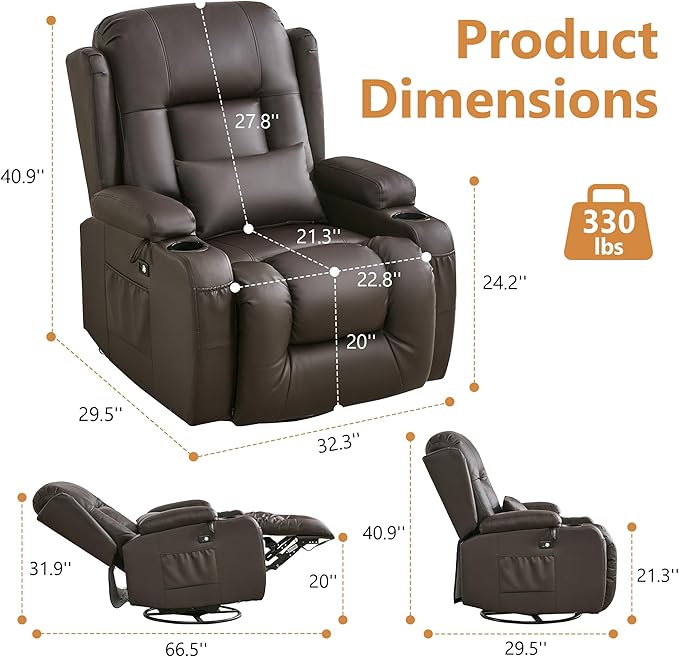 URRED Rocker Recliner Chair for Adults, 270° Swivel Glider Reclining Single Sofa with LED Ambient Light, Cup Holders and Side Pockets, Faux Leather Recliner for Living Room or Home Theater, Brown