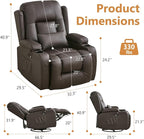 URRED Rocker Recliner Chair for Adults, 270° Swivel Glider Reclining Single Sofa with LED Ambient Light, Cup Holders and Side Pockets, Faux Leather Recliner for Living Room or Home Theater, Brown