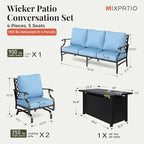 Patio Furniture Set with Firepit Table, 4 Pcs Metal Outdoor Conversation Set, 2 Rocking Chairs and 3 Seater Sofa with 5.75" Extra Thick Cushion and Gas Fire Pit Table for Backyard Deck, Blue