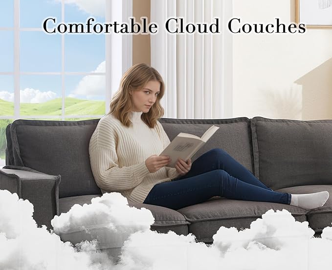 EALSON 93 Inch Modular Sectional Sofa Modern Comfy 3-Seater Couch Sofa Linen Fabric Upholstered Cloud Couches with 24" Deep Seat and Wooden Legs for Bedroom/Living Room/Office, Grey