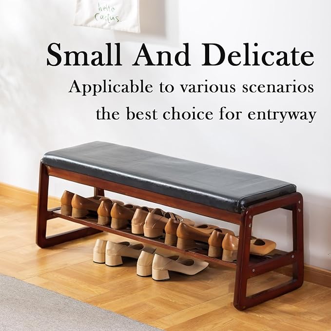 latifolia Solid Wood Bench, Entryway Shoe Bench with Cushion, 2 Tier Shoe Storage Organizer for Hallway, Living Room(Black,39.70''L)