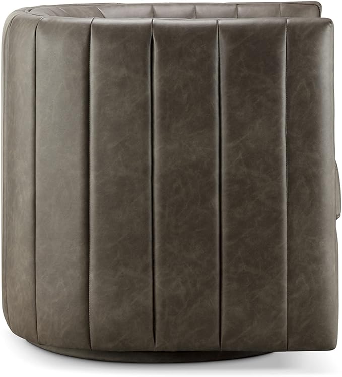 CHERS Rivet Mid-Century Modern Swivel Armchair, Channel-Tufted Faux Leather Accent Chair, 360-Degree Rotating Lounge Chair with Ergonomic Design for Living Room, Bedroom, Home Theater, Pewter