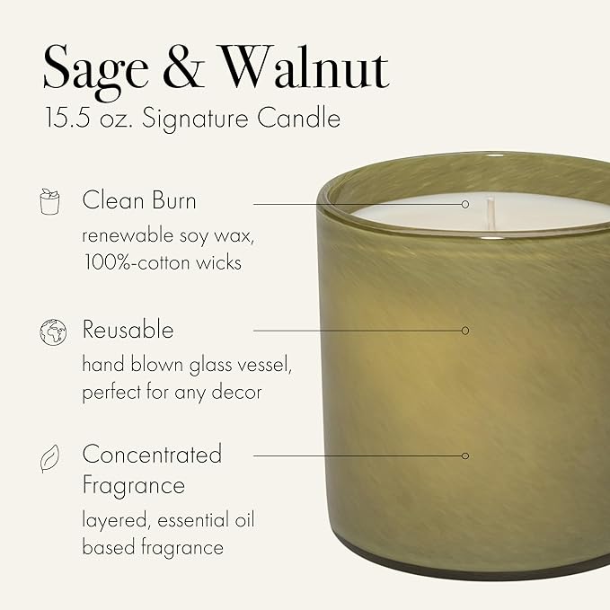 LAFCO New York Signature Candle, Sage & Walnut - 15.5 oz - 90-Hour Burn Time - Reusable, Hand Blown Glass Vessel - Made in The USA