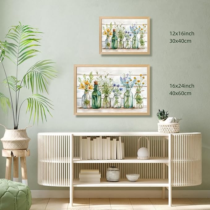 HLXRAE Wood Framed Green Bathroom Wall Art, Vintage Rustic Farmhouse Bathroom Wall Decor, Watercolor Floral Canvas Painting, Sage Green Plant Aesthetic Picture for Laundry Room Decor 12x16 inch