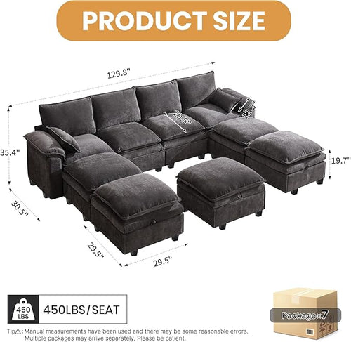 130" U Shaped Modular Sectional Sofa, Couch with Ottoman Storage, Chenille Cloud Couch with Plush Deep Seating for Living Room, Bedroom (9 Seat, Grey)