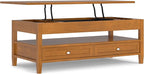 SIMPLIHOME Warm Shaker Lift Top Coffee Table - 48 inch Wide Solid Wood Cocktail Table in Light Golden Brown, Transitional Living Room Table with Hidden Storage, 2 Drawers, and Open Shelf