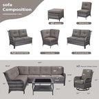 HUMMUH 9 Piece Patio Furniture PE Wikcer Outdoor Furniture Set with Sectional Sofa Swivel Patio Chairs Ottomans and Glass Coffee Table for Yard,Garden,Lawn