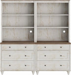 WAMPAT 3 Tier Bookshelf with 3 Drawers, 72" Tall Bookcase Large Farmhouse Display Book Case Shelf with 3-Tier Open Book Shelfs，Library Wood Bookshelves for Living Room,Kitchen, Rustic White (2PCS)