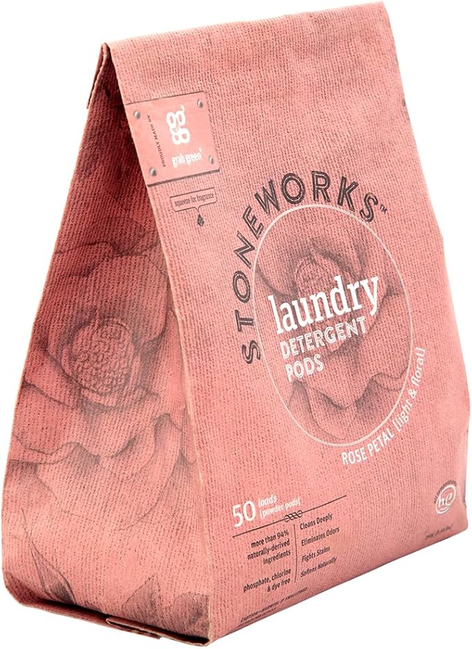 Grab Green Stoneworks Natural Laundry Detergent Powder Pods, Rose Petal, 50 loads